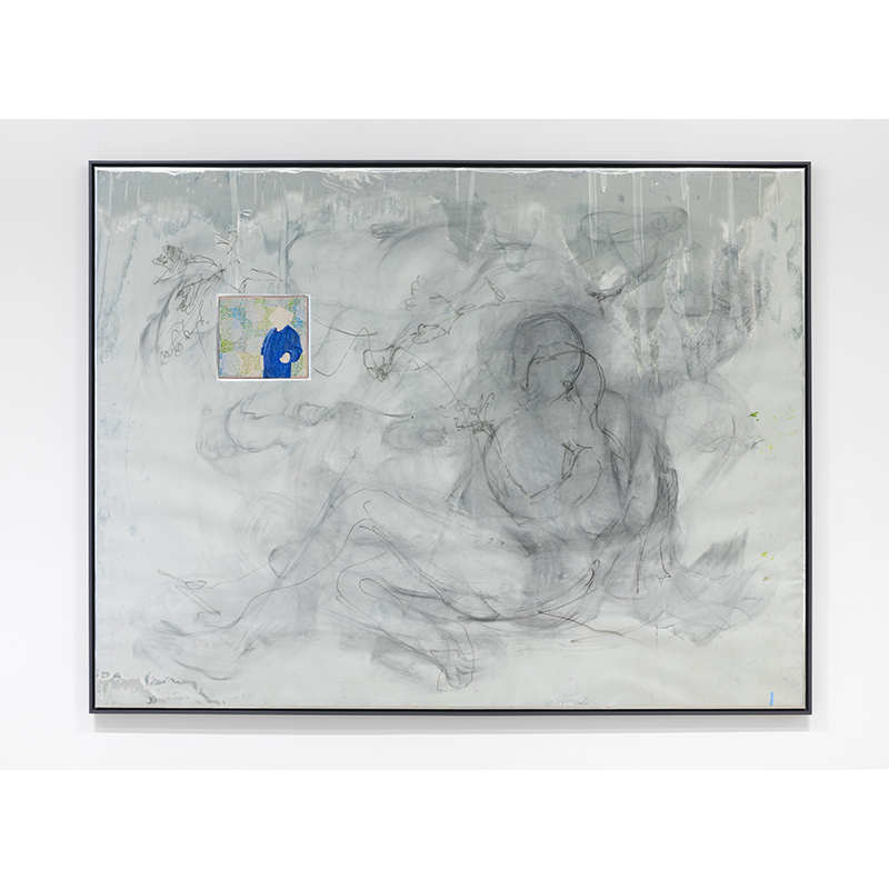 Carlos Vega, Second Day, 2015. Mixed media including charcoal, sharpie, aluminum tape, paper, UV film, fabric, acrylic, and linen on panel. 74 1/2 x 97 1/2 x 2 inches (framed).