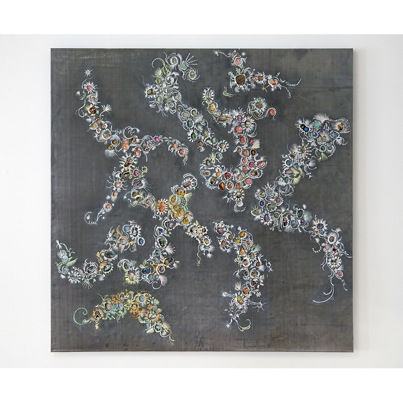 Carlos Vega, Do-si-do, 2015. Mixed media including stamps, oil on lead on panel. 36 3/4 x 36 3/4 inches (framed).