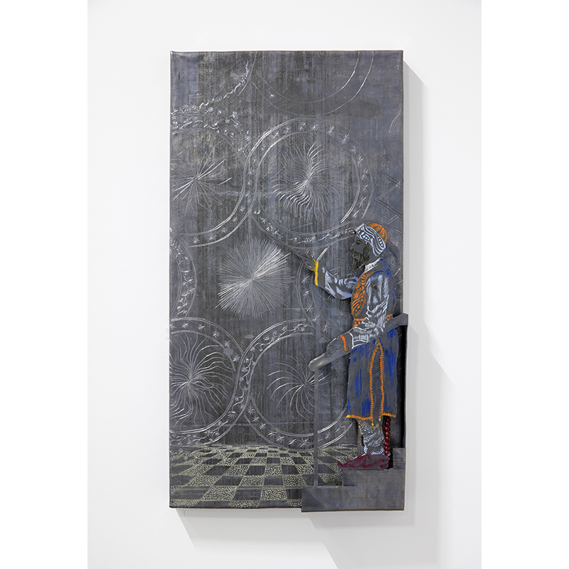 Carlos Vega, Guide for the Perplexed, 2015. Mixed media including oil and etched lead on panel. 22 x 11 1/4 x 2 inches.