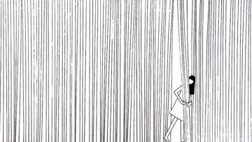 A human figure leans beyond a curtain of vertical lines in a black-and-white illustration.