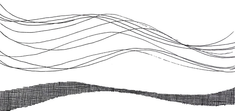 A black and white illustration of a series of horizontal, overlapping waves.