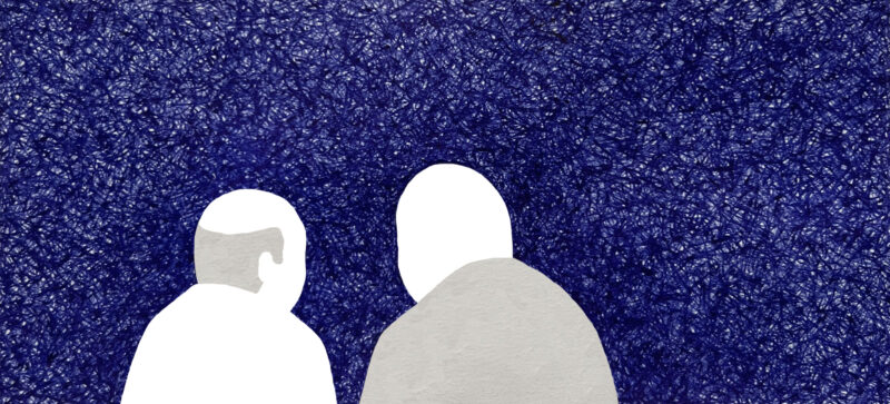 An illustration of two human silhouettes against a blue background.