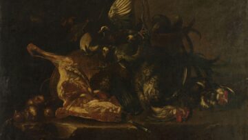 Oil painting depicting still life of meat and dead birds piled up on a table and nearly spilling over.