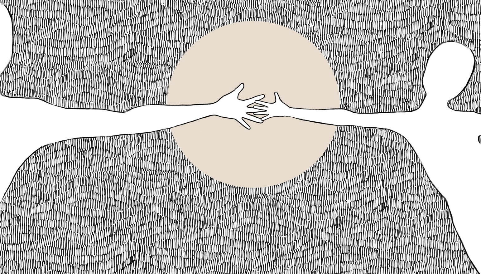 Line illustration depicting two people grasping for each other, hands touching. Illustration by Anne LeGuern.