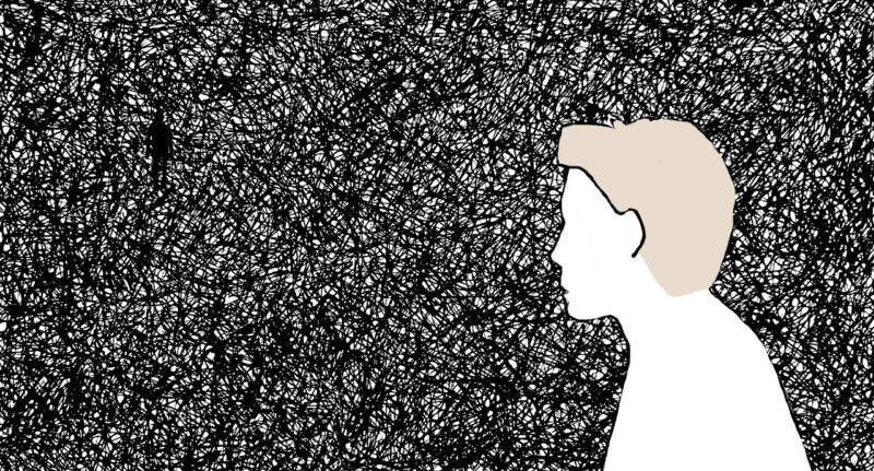 Line illustration made up of dense black-and-white lines, depicting a person in the foreground looking toward a silhouetted figure in the background. Illustration by Anne LeGuern.